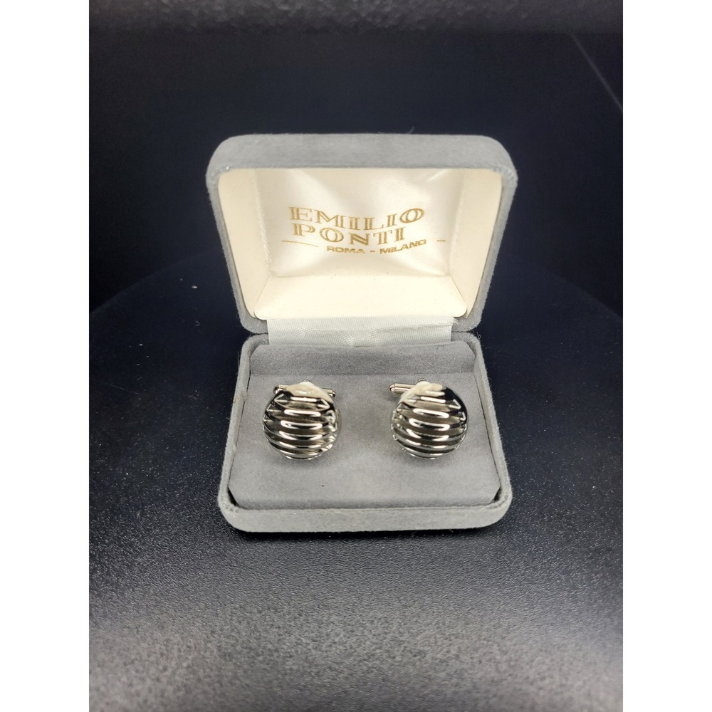 Emilio Ponti Cufflinks Silver Tone Ribbed Sphere Design with Box Excellent